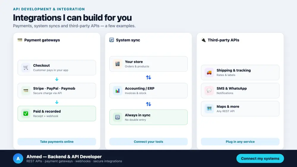 تطوير وتكامل واجهات API وربط أنظمتك وبوابات الدفع