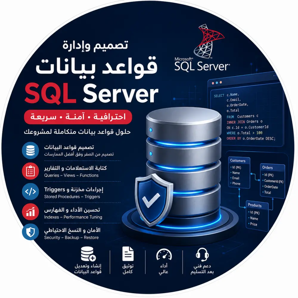 سأقوم بإنشاء وتصميم قواعد بيانات SQL Server باحترافية.