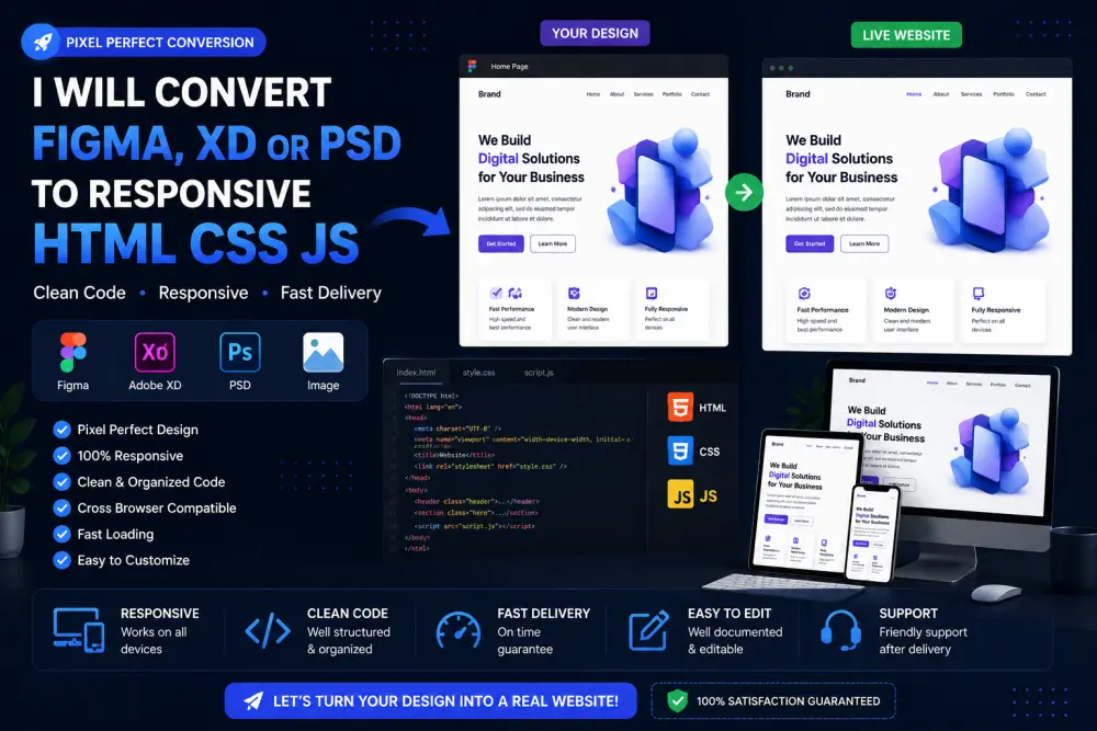 I will convert 1 Figma, XD or PSD design to responsive HTML CSS JavaScript