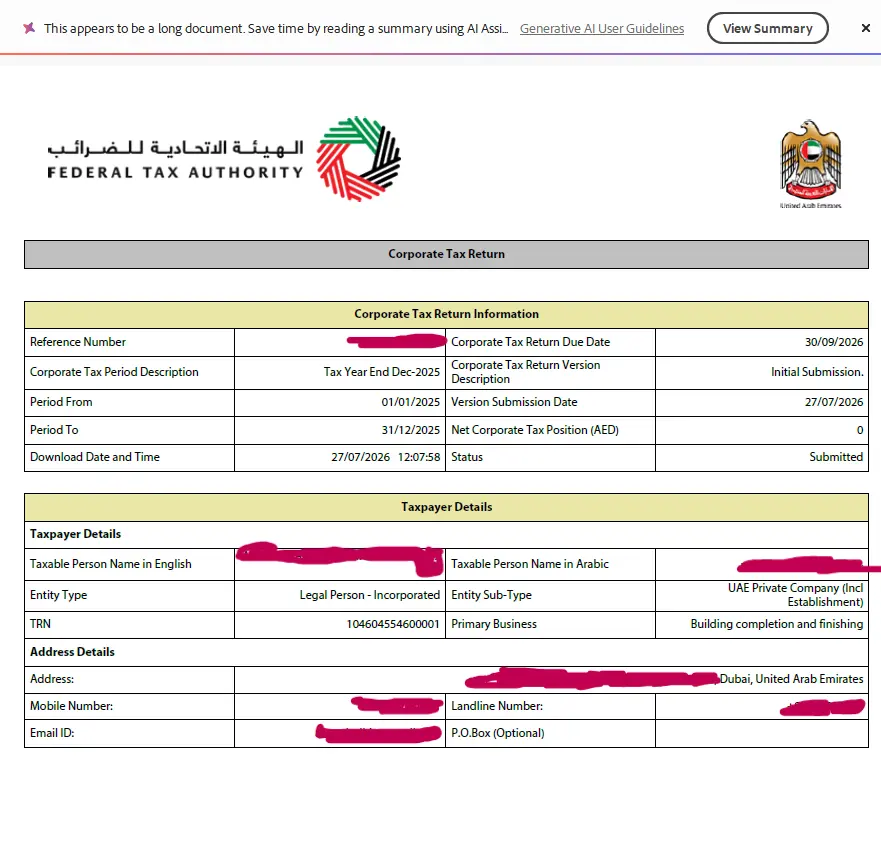 Preparation and Filing of Corporate Tax Return on EmaraTax Portal