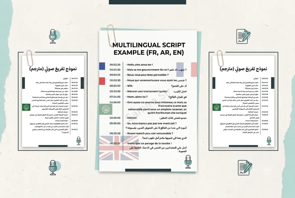 سأقوم بتفريغ صوتي دقيق للنصوص الفرنسية والعربية والانجليزية