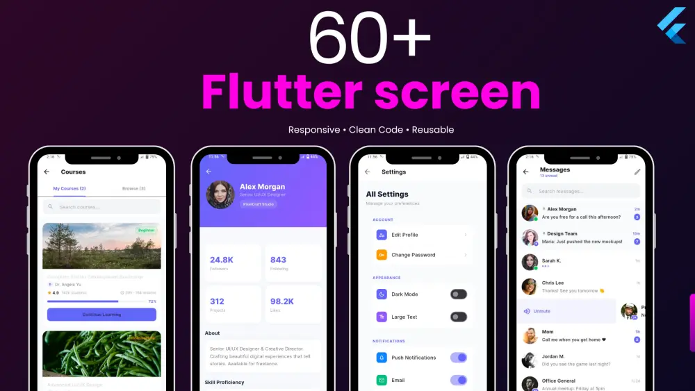 مكتبة Flutter UI متكاملة أكثر من 60 شاشة جاهزة بكود نظيف Clean Architecture و Riverpod