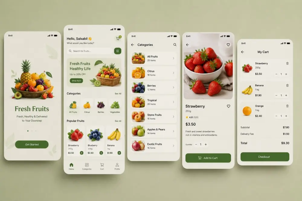 سأصمم واجهة مستخدم (UI/UX) احترافية لتطبيق توصيل الفواكه باستخدام Figma
