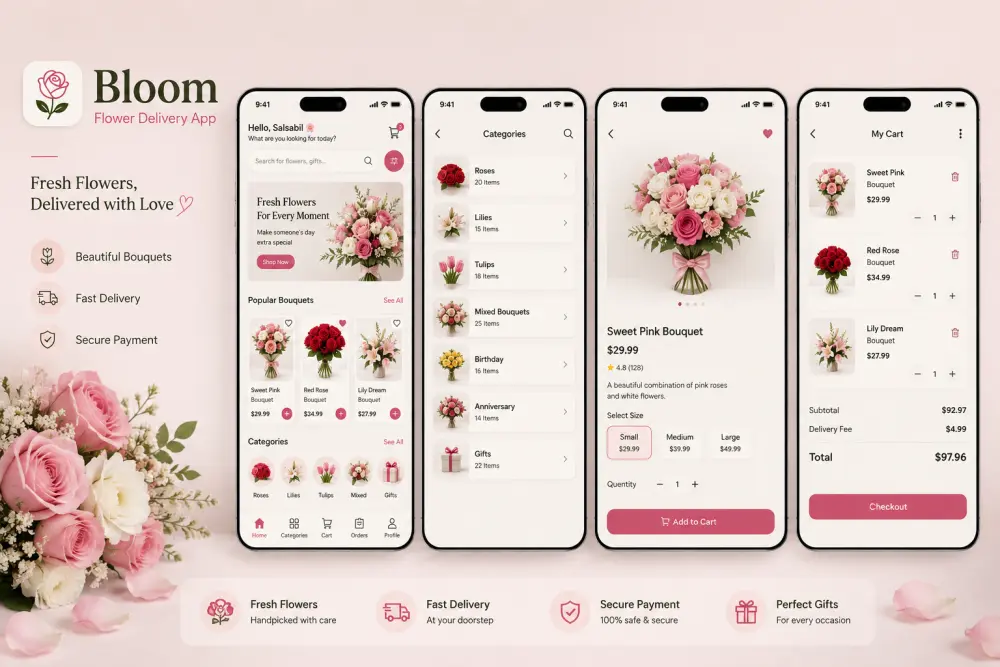 سأصمم واجهة مستخدم (UI/UX) احترافية لتطبيق بيع وتوصيل الورود والهدايا باستخدام Figma
