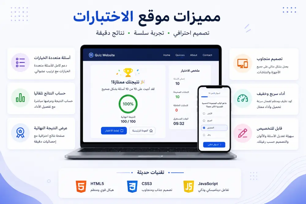 سأقوم بتطوير موقع اختبارات تفاعلي مع لوحة إدارة باستخدام HTML وCSS وJavaScript