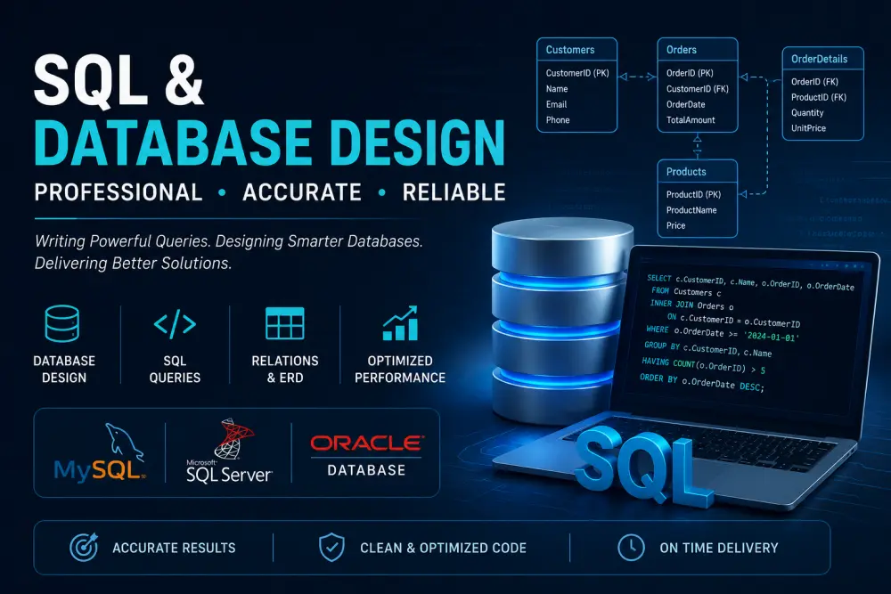 تصميم قواعد البيانات وكتابة استعلامات SQL باحترافية.
