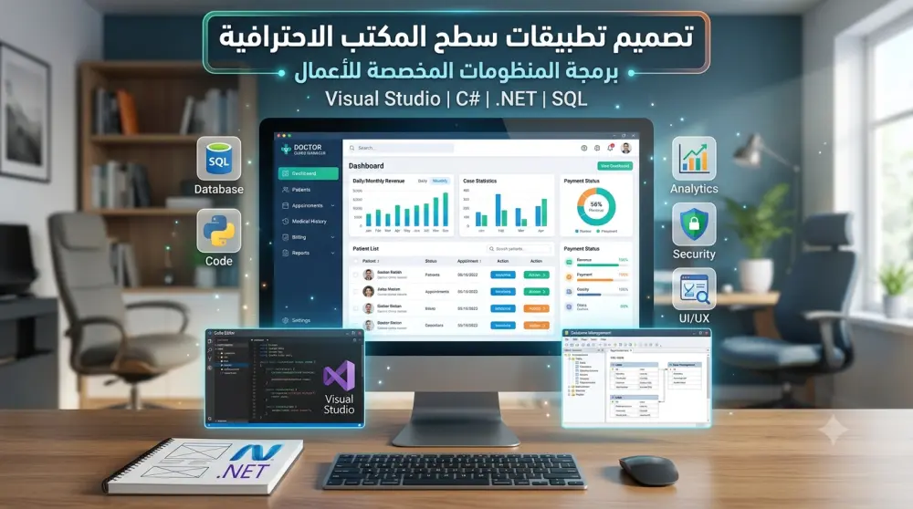 سأقوم ببرمجة منظومة سطح مكتب (تطبيق Windows) لإدارة عيادة أو نشاط تجاري.