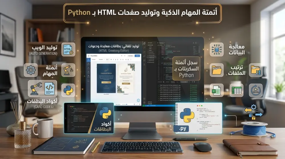 مشاريع بالبايثون: سأقوم ببناء سكربتات Python مخصصة لأتمتة المهام وتوليد صفحات وبطاقات HTML تلقائياً.