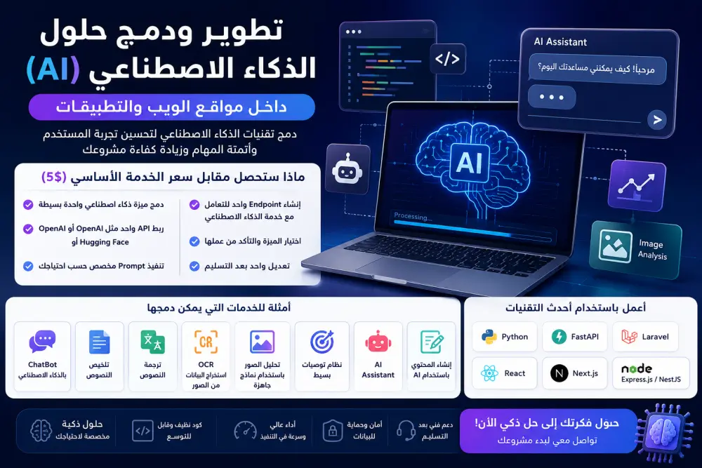تطوير ودمج حلول الذكاء الاصطناعي (AI) داخل مواقع الويب والتطبيقات