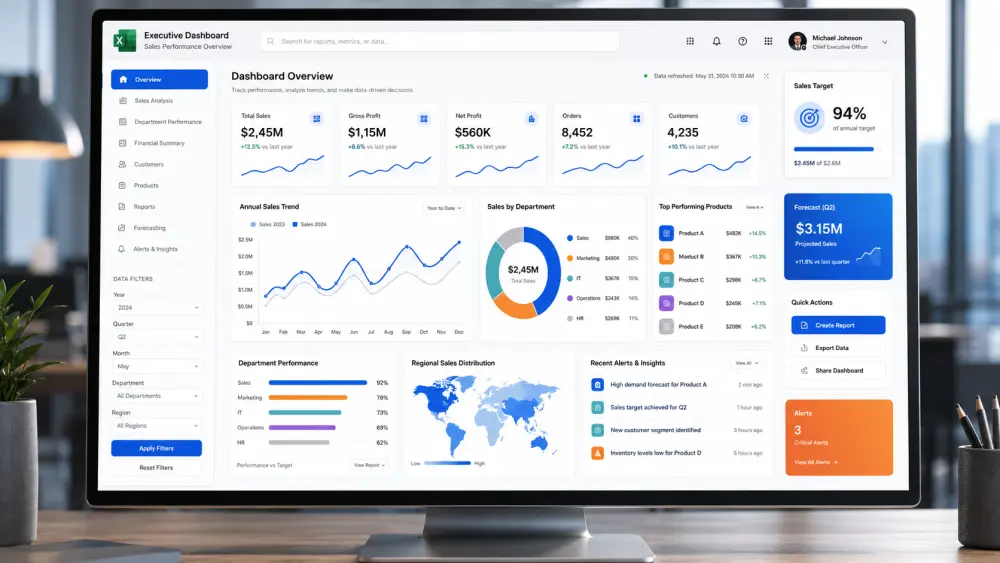 تصميم لوحات تحكم تفاعلية (Dashboard) وتقارير ذكية على Excel