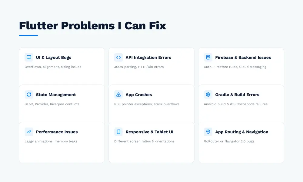 سأقوم بإصلاح جميع مشاكل وأخطاء تطبيقات Flutter بسرعة واحترافية.