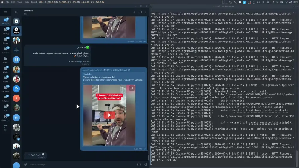 برمجة بوت تلغرام مخصص (إدارة، أتمتة مهام، ربط ذكاء اصطناعي , بيع خدمات)