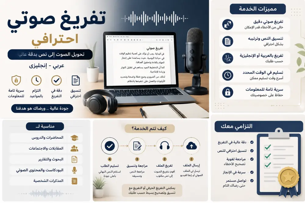 سأقوم بتفريغ الملفات الصوتية أو الفيديوهات إلى نص عربي أو إنجليزي بدقة واحترافية