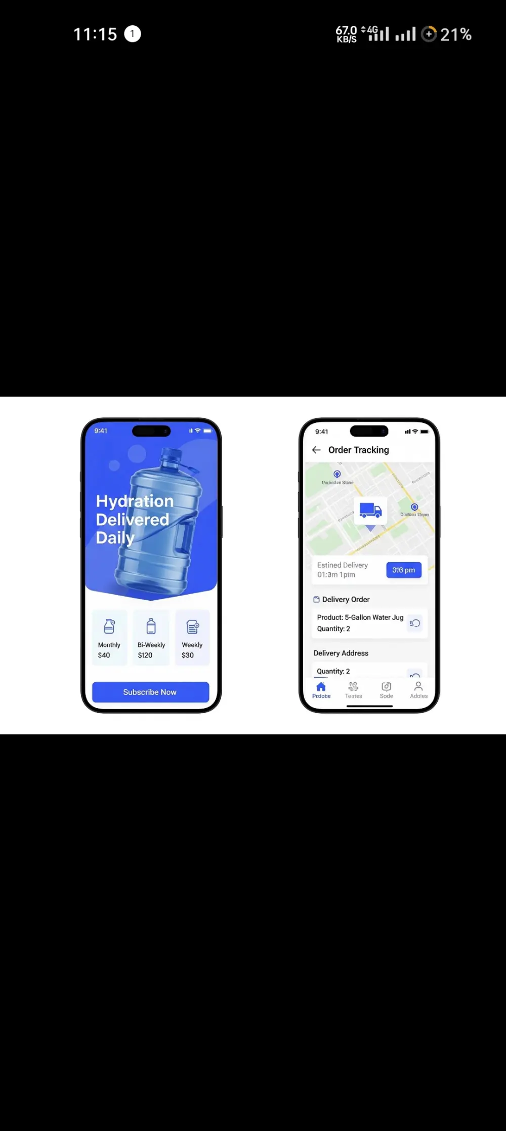 I will design a modern mobile app UI for a healthy water brand, allowing users to explore products, order drinks, and manage subscriptions