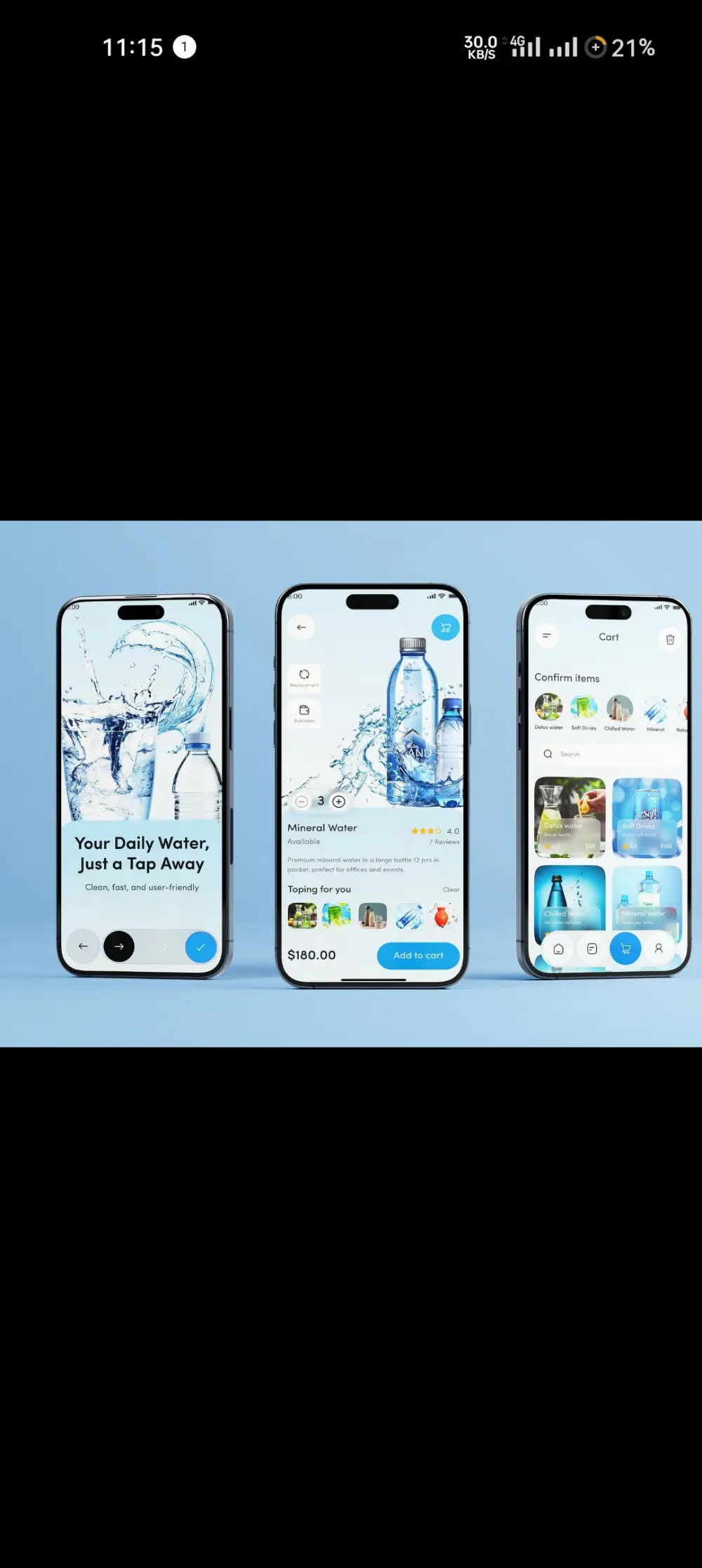 I will design a modern mobile app UI for a healthy water brand, allowing users to explore products, order drinks, and manage subscriptions