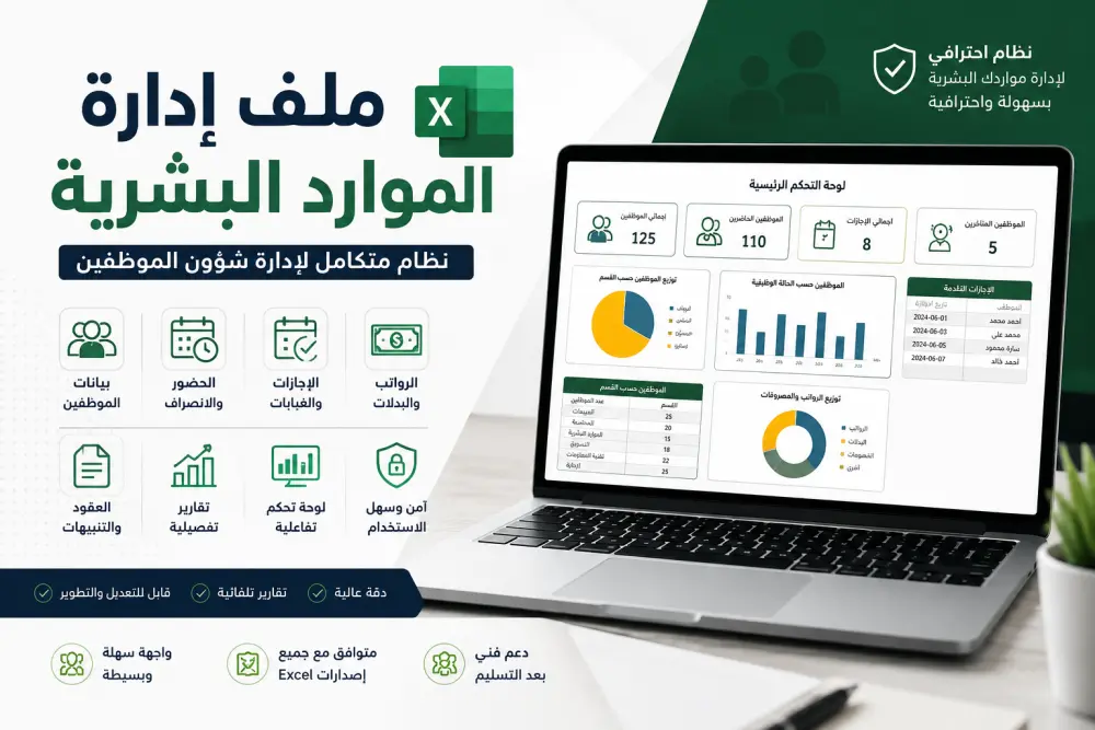 ملف Excel احترافي لإدارة الموارد البشرية وشؤون الموظفين