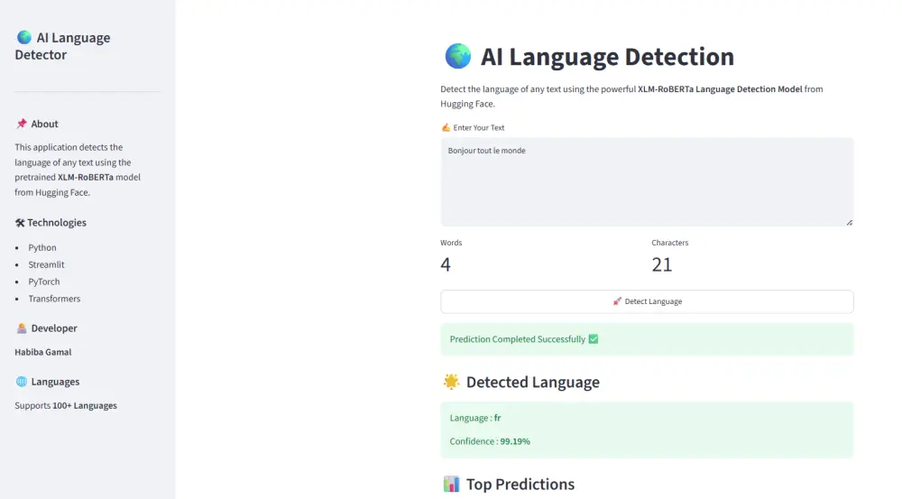 سأقوم بتطوير تطبيق ذكاء اصطناعي يحدد احتمالية انتماء الكلمة أو النص إلى اللغات المختلفة، ويعرض أعلى 5 لغات احتمالية مع نسبة الثقة لكل لغة، من خلال واجهة سهلة باستخدام Streamlit.