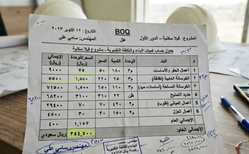 حساب كميات وتقدير تكلفة أعمال البناء للمشاريع المعمارية