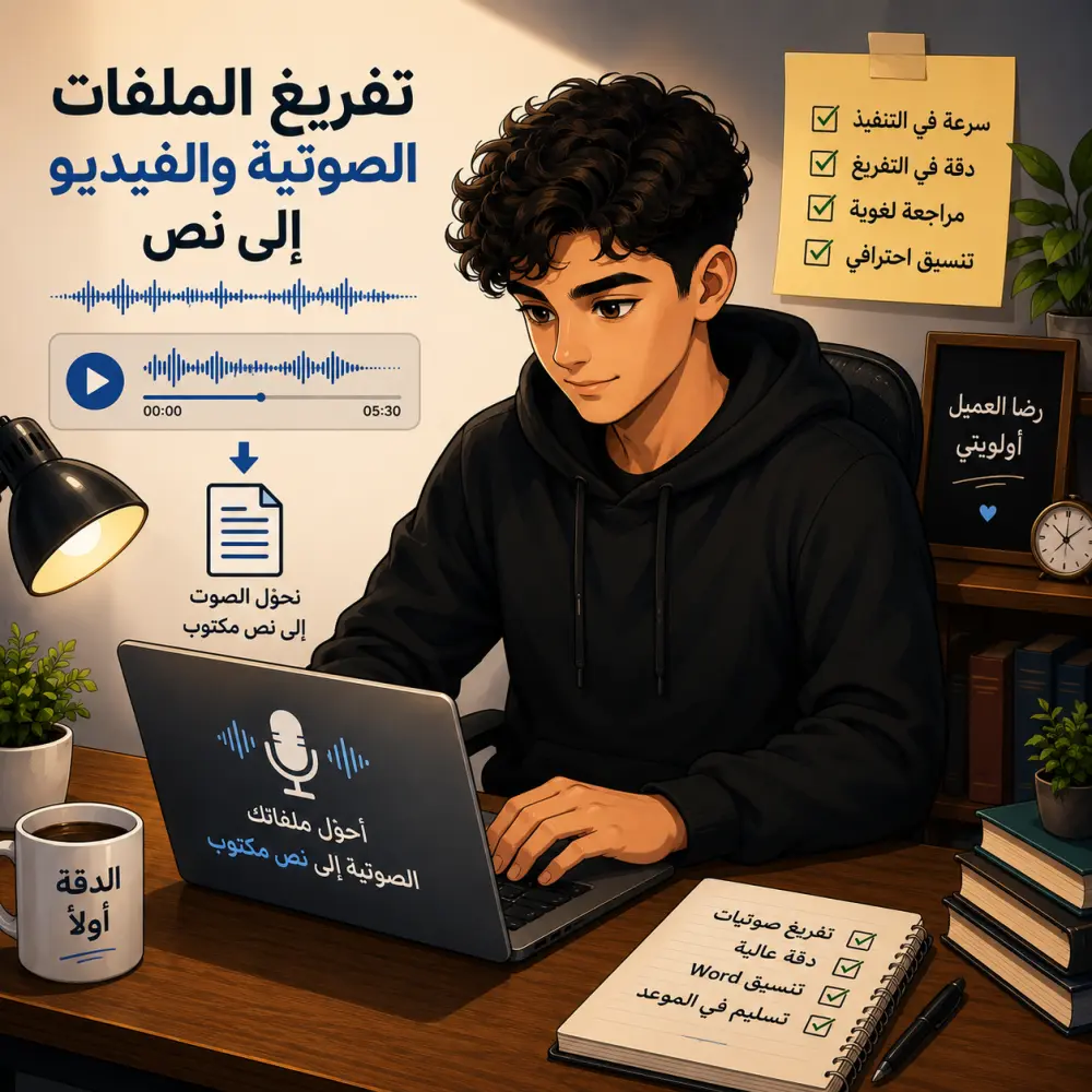 سأقوم بتفريغ الملفات الصوتية والفيديو الي نص عربي بدقة