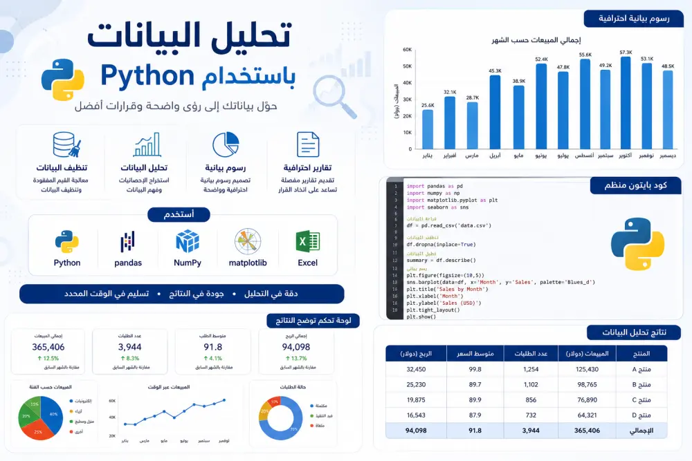 سأحلل بياناتك باستخدام Python مع تقارير ورسوم بيانية احترافية