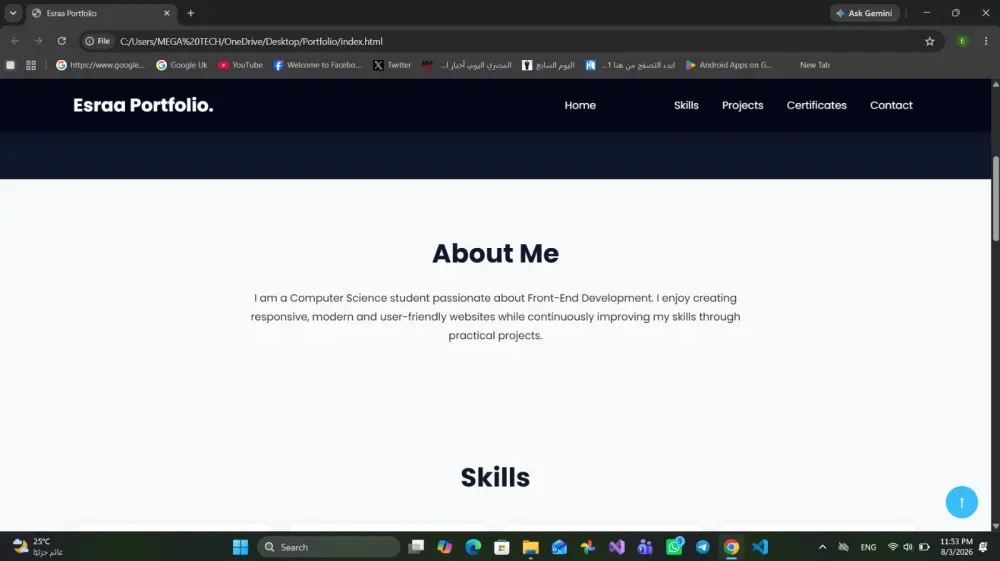سأقدم تصميم وتطوير Portfolio Website احترافي وعصري وتفاعلي يعكس هوية العميل ويعرض مهاراته ومشاريعه بشكل جذاب ومنظم، مع تصميم Responsive مناسب لجميع الأجهزة وتجربة مستخدم سلسة.
