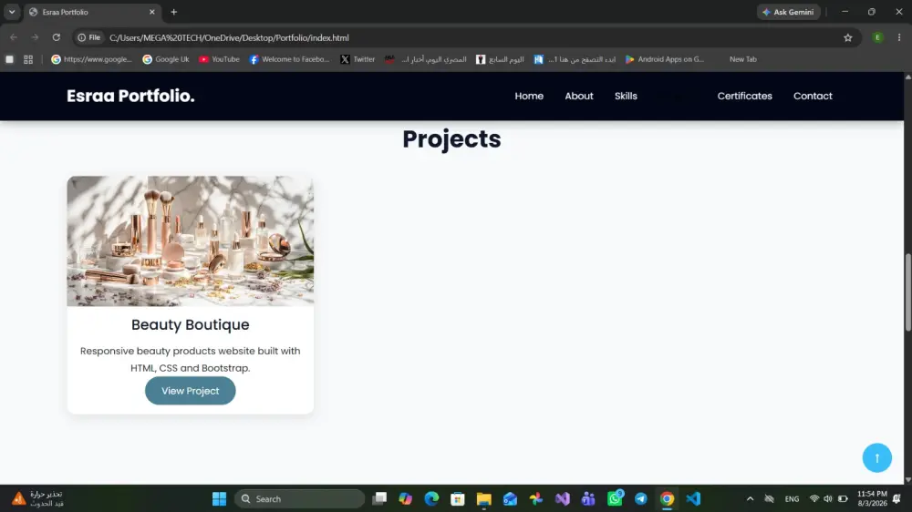 سأقدم تصميم وتطوير Portfolio Website احترافي وعصري وتفاعلي يعكس هوية العميل ويعرض مهاراته ومشاريعه بشكل جذاب ومنظم، مع تصميم Responsive مناسب لجميع الأجهزة وتجربة مستخدم سلسة.