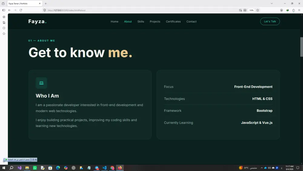 سأقدم تصميم وتطوير Portfolio Website احترافي وعصري وتفاعلي يعكس هوية العميل ويعرض مهاراته ومشاريعه بشكل جذاب ومنظم، مع تصميم Responsive مناسب لجميع الأجهزة وتجربة مستخدم سلسة.