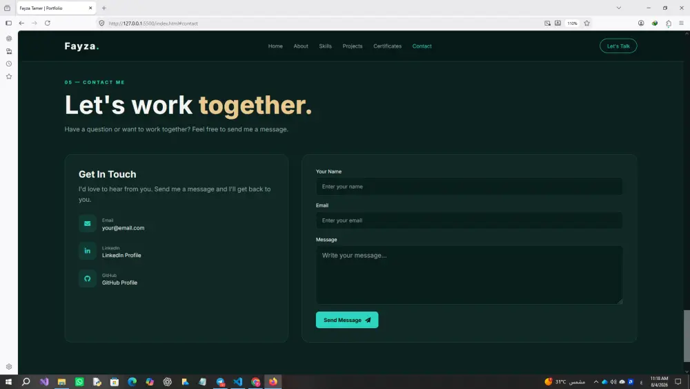 سأقدم تصميم وتطوير Portfolio Website احترافي وعصري وتفاعلي يعكس هوية العميل ويعرض مهاراته ومشاريعه بشكل جذاب ومنظم، مع تصميم Responsive مناسب لجميع الأجهزة وتجربة مستخدم سلسة.