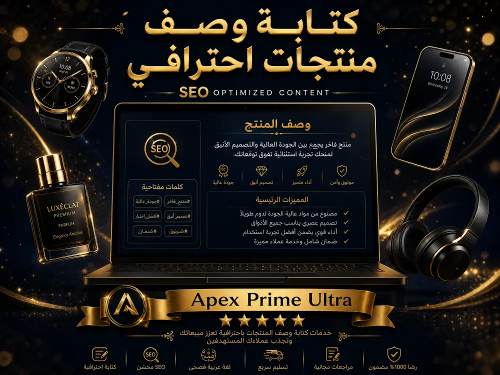 كتابة وصف منتجات احترافي ومُحسّن لمحركات البحث SEO لمتجرك الإلكتروني باللغة العربية بأسلوب تسويقي جذاب (حتى 10 منتجات)