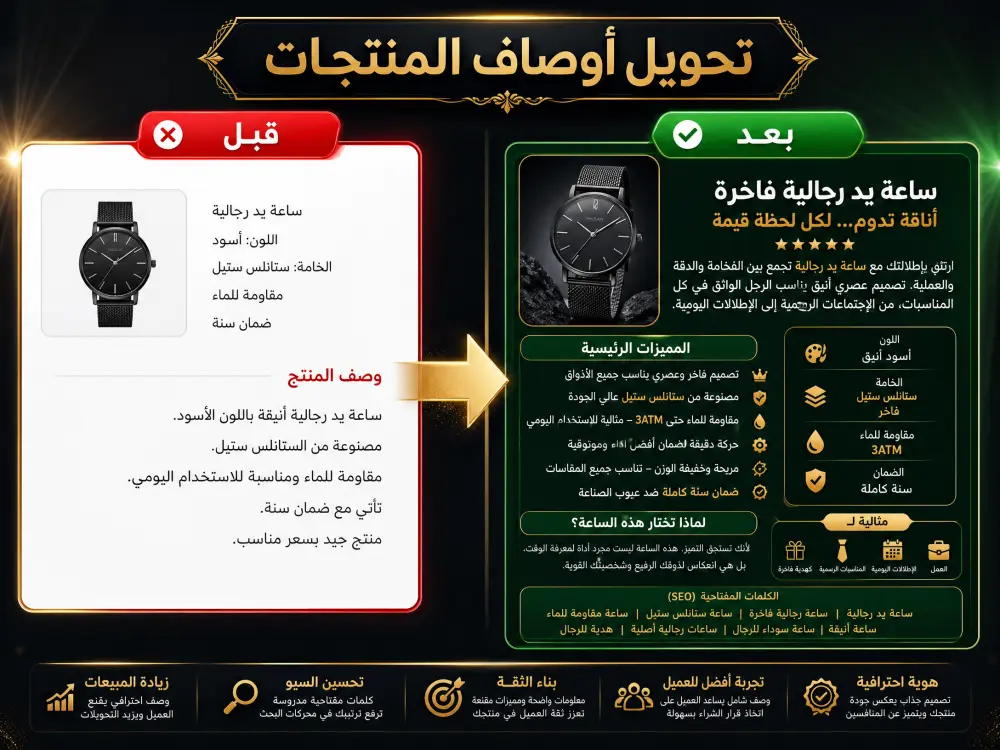 كتابة وصف منتجات احترافي ومُحسّن لمحركات البحث SEO لمتجرك الإلكتروني باللغة العربية بأسلوب تسويقي جذاب (حتى 10 منتجات)