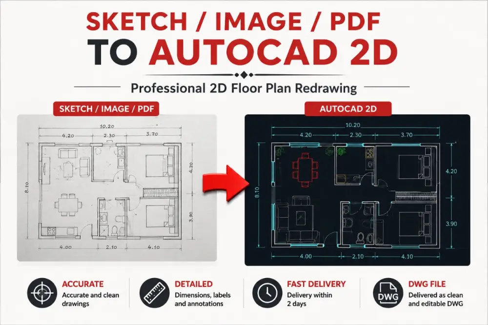 I will redraw your floor plan from PDF, IMAGE or SKETCH to AUTOCAD 2D DWG