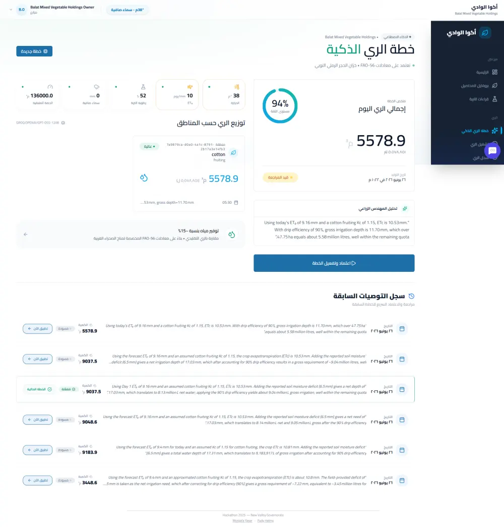 تطوير منصة AquaValley الذكية لإدارة المياه والري (متأهلة لنهائيات الهاكاثون الوطني)
