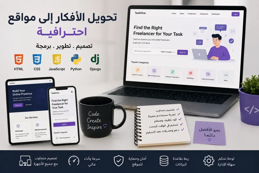 تصميم وتطوير موقع إلكتروني احترافي باستخدام HTML وCSS وJavaScript وDjango