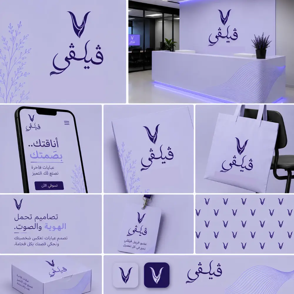 تصميم هوية بصرية متكاملة للعلامة التجارية تشمل الشعار والألوان والخطوط والعناصر البصرية والتطبيقات الأساسية