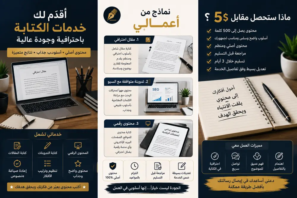 سأكتب لك مقالات وتدوينات ومحتوى احترافي بأسلوب واضح وجذاب ومناسب لجمهورك المستهدف