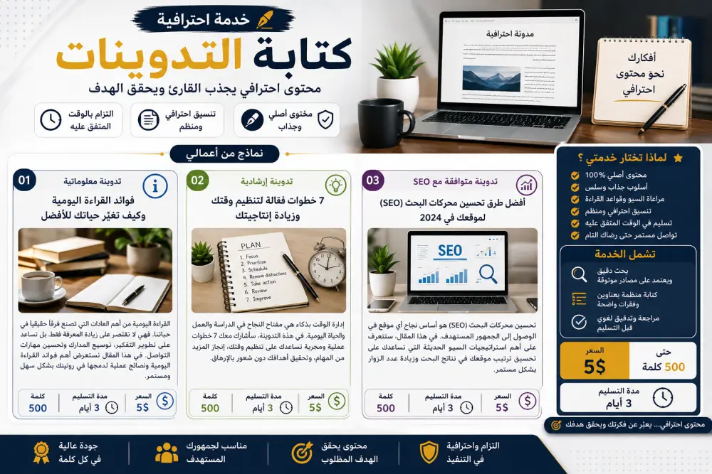 سأكتب لك تدوينات احترافية وأصلية بأسلوب جذاب ومنظم يناسب جمهورك ويحقق أهداف محتواك