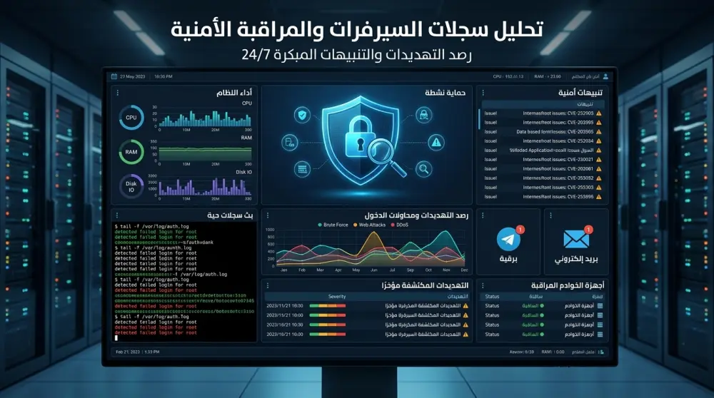 تحليل سجلات السيرفرات وإعداد أدوات المراقبة والتنبيهات الأمنية المبكرة