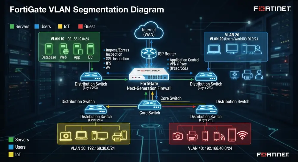 تصميم وتكوين شبكة متكاملة مع تقسيم الشبكة (Network Segmentation) وحماية الفايرفوال FortiGate