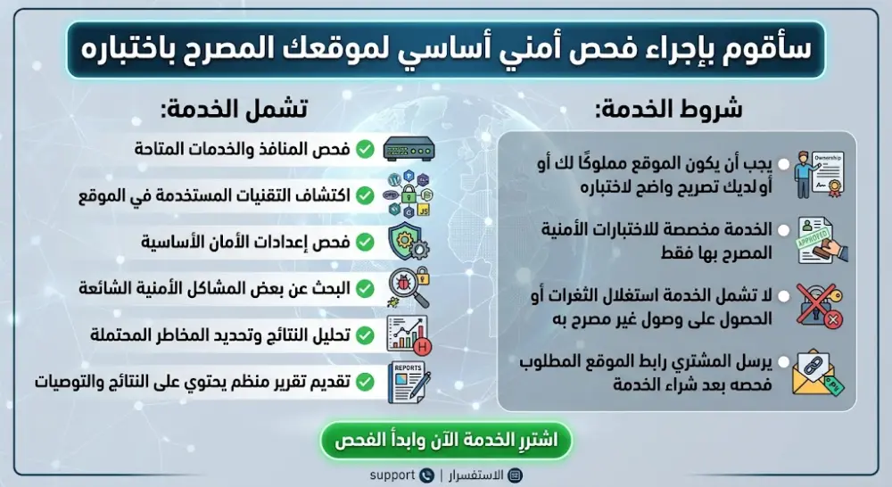 سأقوم بإجراء فحص أمني أساسي لموقعك المصرح باختباره بهدف اكتشاف المشاكل والإعدادات الأمنية الشائعة التي قد تؤثر على مستوى الحماية.