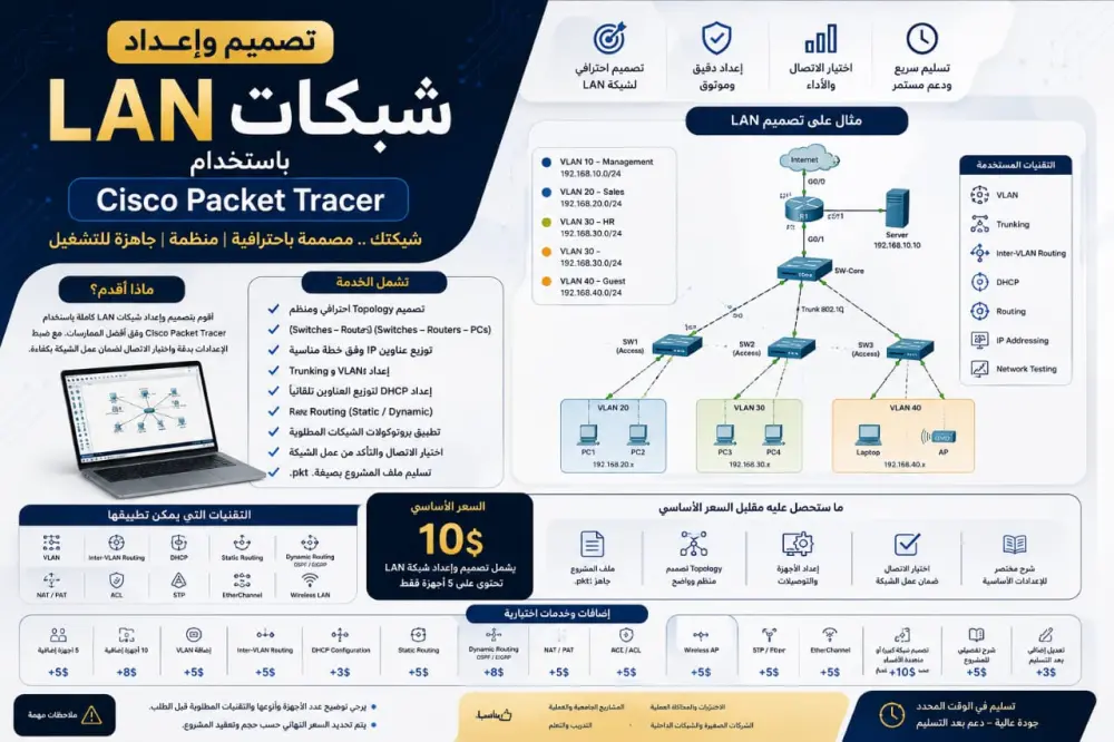 تصميم واعداد شبكات LAN باستخدام Cisco Packet Tracer