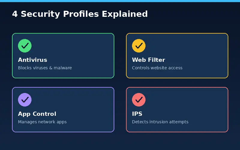 سأعد لك دليلًا شاملًا عن Security Profiles في Fortigate