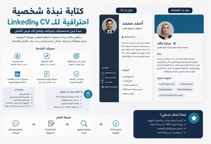 نبذة شخصية احترافية ومخصصة لمجالك. صياغة جذابة وواضحة. كتابة مناسبة لمستوى خبرتك والوظائف التي تستهدفها.