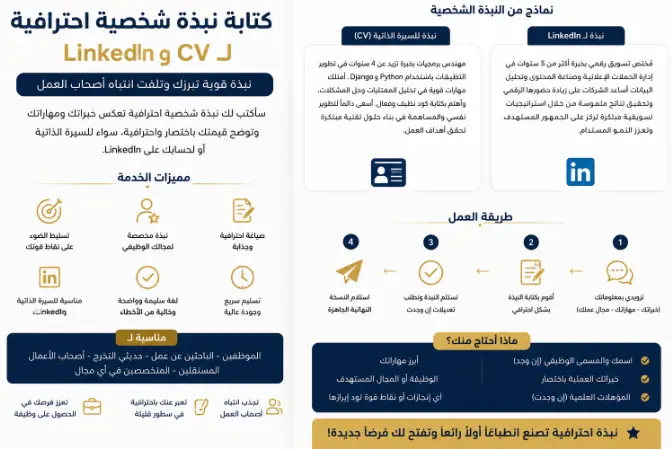 نبذة شخصية احترافية ومخصصة لمجالك. صياغة جذابة وواضحة. كتابة مناسبة لمستوى خبرتك والوظائف التي تستهدفها.