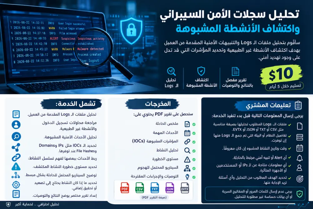 تحليل سجلات الأمن السيبراني واكتشاف الأنشطة المشبوهة وصف الخدمة