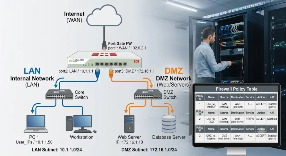 سأقوم بإعداد Firewall Policy على FortiGate باحترافية