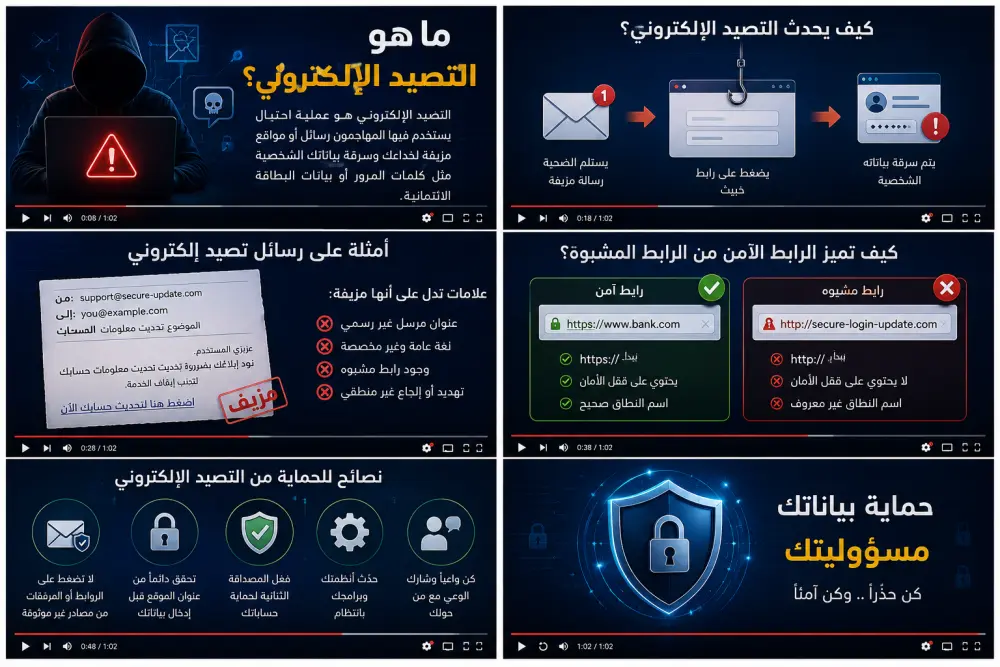 إعداد فيديو توعوي وتعليمي عن مخاطر التصيد الإلكتروني و طرق تجنبها