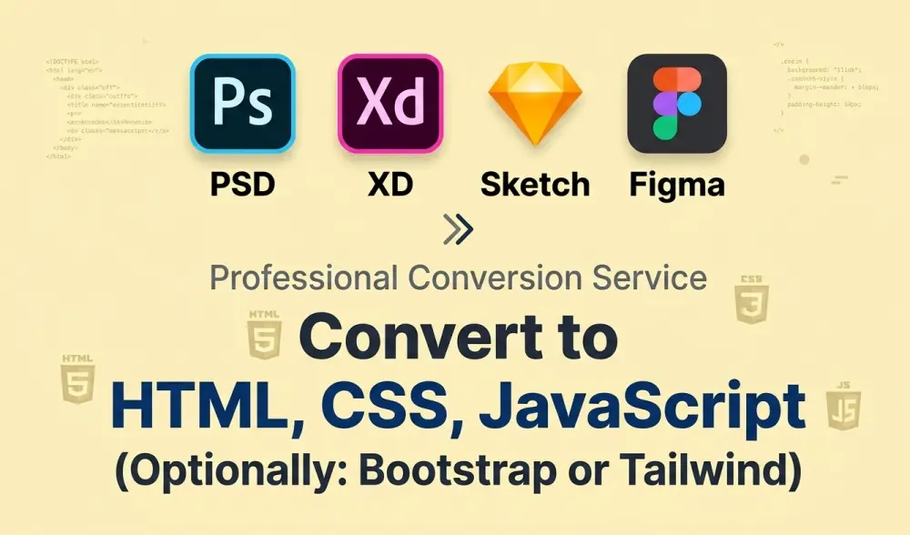 تحويل تصميم XD أو PSD أو Figma إلى كود HTML و CSS و JavaScript