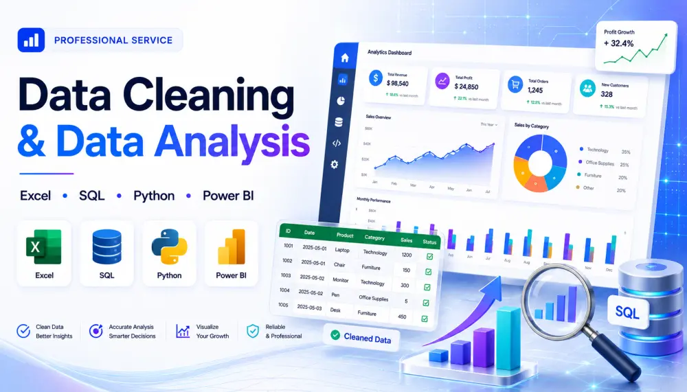 سأقوم بتنظيف البيانات وتحليلها وإعداد تقارير احترافية