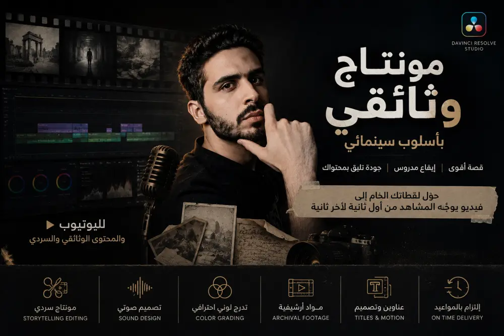 مونتاج فيديو يوتيوب سينمائي —حتى5 دقايق  وثائقي، سردي، قصصي، جرائم مقابل 40 دولار(Storytelling، Color Grading، Sound Design)