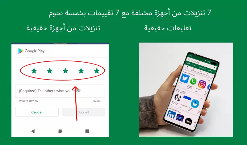 سأقوم بتنزيل تطبيقك على 7 أجهزة مختلفة مع 7 تقييمات حقيقية بخمسة نجوم